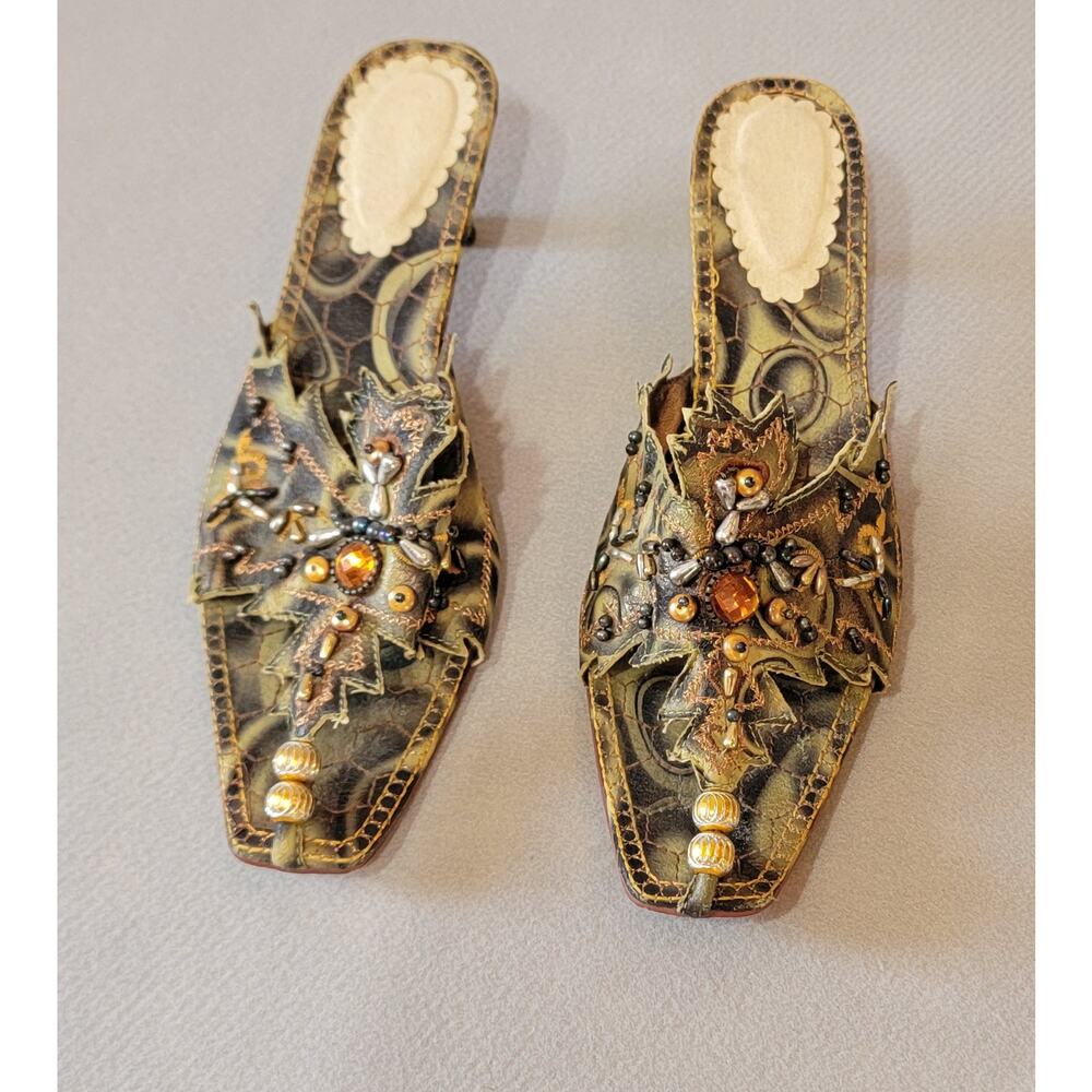 Embellished Olive Green Leather Slide Sandals